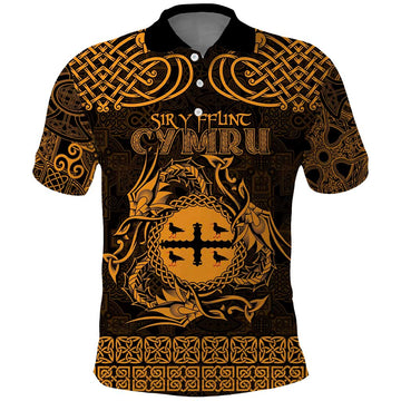 Personalized Flintshire Sir y Fflint Polo Shirt Gold Four Choughs Celtic-inspired LT9
