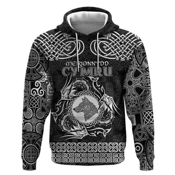 Personalized Merionethshire Meirionnydd Hoodie Black Wolf Celtic-inspired LT9
