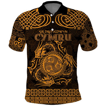 Personalized Montgomeryshire Sir Drefaldwyn Polo Shirt Gold Water Triskele Celtic-inspired LT9