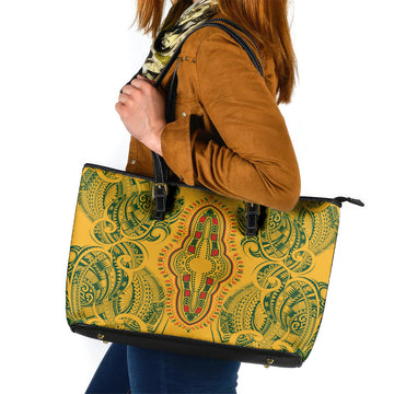Africa Dashiki Leather Tote Bag African Tribal Art Mixed Polynesian Tattoo Gold Color Unique LT9