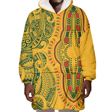 Dashiki and Polynesian Pattern Wearable Blanket Hoodie Afro Pacific Culture Gold Version LT9