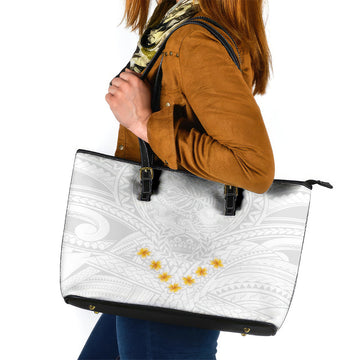 Tonga White Sunday Leather Tote Bag Polynesian Plumeria Tribal Simple LT9