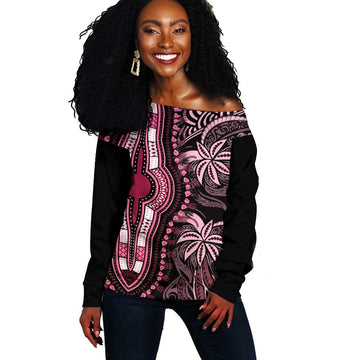 Polynesia Mixed African Dashiki Off Shoulder Sweater Afro-pacific Culture - Pink LT9