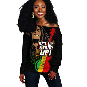 Legend Bob Get Up Stand Up Off Shoulder Sweater Black Jamaican Reggae Multicolored LT9
