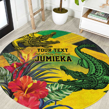 Personalized Black Jamaicans Crocodile Round Carpet Tropical Flowers Grunge Flag LT9