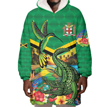 African Jamaica Personalized Wearable Blanket Hoodie Hummingbird and Crocodiles Tropical LT9