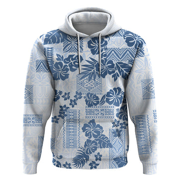 Vintage Hawaii Hoodie Hibiscus Tapa Tribal With Hawaiian Quilt Pattern Blue LT9
