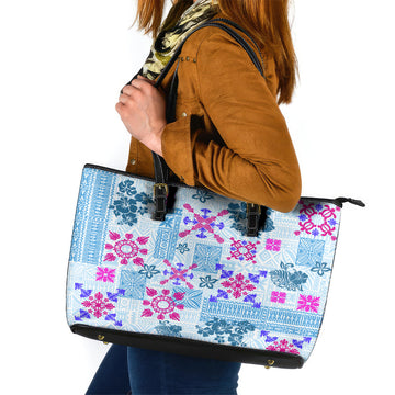 Hawaii Tapa Tribal Leather Tote Bag With Hawaiian Quilt Pattern Blue LT9