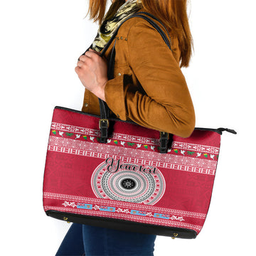 Personalised Fiji Marau Na Kerisimasi Leather Tote Bag Merry Christmas Tapa Pattern Red Style LT9
