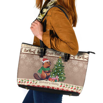 Personalized Beaver-y Merry Leather Tote Bag Canada Merry Christmas Beavers LT9