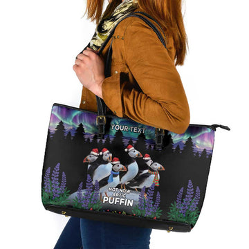 Personalized Not Now Arctic Puffin Leather Tote Bag Icelandic Christmas with Northern Lights LT9
