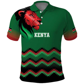 Kenya Cricket Custom Polo Shirt Green Lion Head with Kenyan Pattern LT9