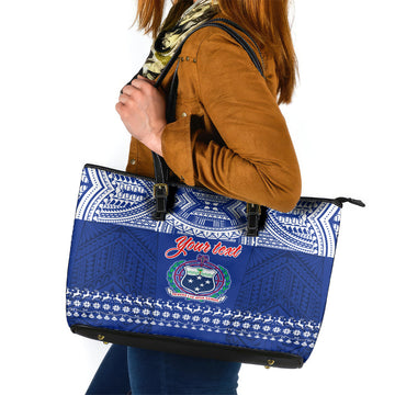 Personalised Toa Samoa Christmas Leather Tote Bag Samoa Siva Tau Manuia Le Kerisimasi Blue Vibe LT9