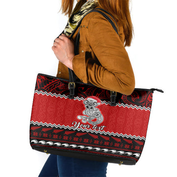 Personalised New Zealand Christmas Leather Tote Bag Maori Tiki Meri Kirihimete LT9
