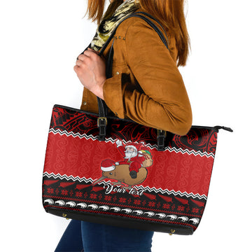 Personalised New Zealand Christmas Leather Tote Bag Kiwi Santa Claus Maori Meri Kirihimete LT9