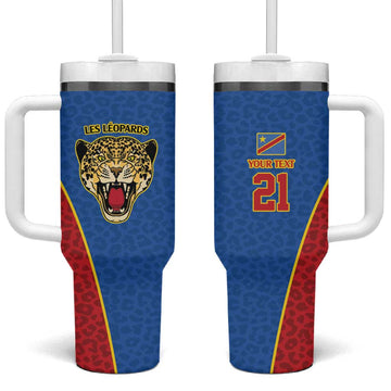 Africa DR Congo Football Custom Tumbler With Handle Blue Leopard Skin Pattern LT9