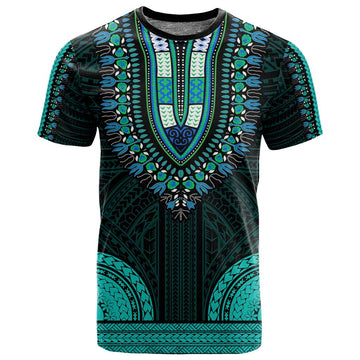 African Dashiki and Polynesian Pattern T shirt Teal LT9