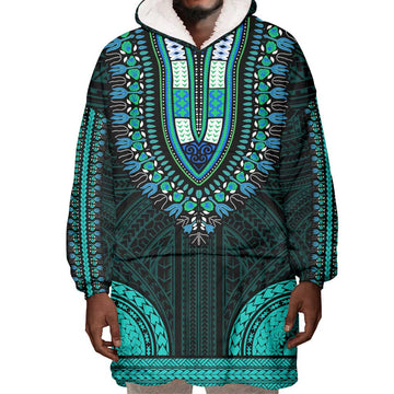African Dashiki and Polynesian Pattern Wearable Blanket Hoodie Teal LT9