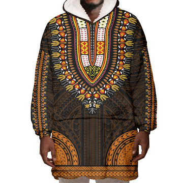 African Dashiki and Polynesian Pattern Wearable Blanket Hoodie Gold LT9