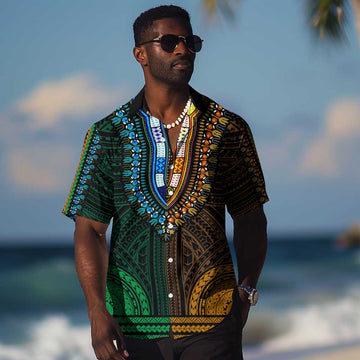 African Dashiki and Polynesian Pattern Hawaiian Shirt Half Green-Gold LT9