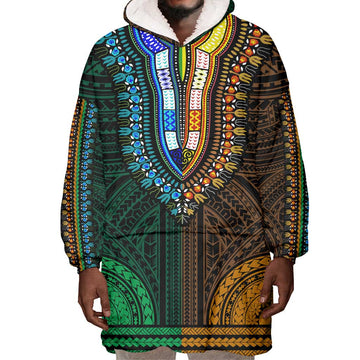 African Dashiki and Polynesian Pattern Wearable Blanket Hoodie Half Green-Gold LT9