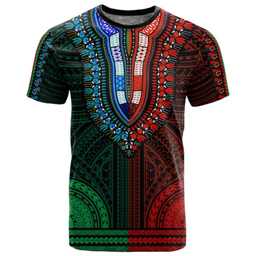 African Dashiki and Polynesian Pattern T shirt Half Green-Red LT9