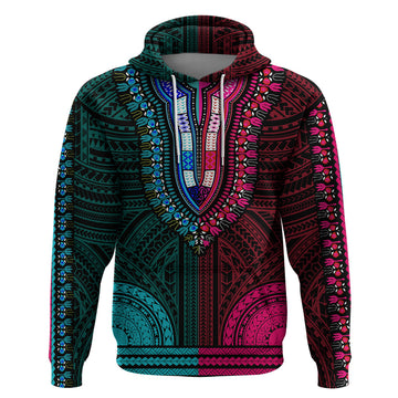 African Dashiki Hoodie With Polynesian Pattern - Half Teal and Pink LT9