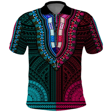 African Dashiki Polo Shirt With Polynesian Pattern - Half Teal and Pink LT9