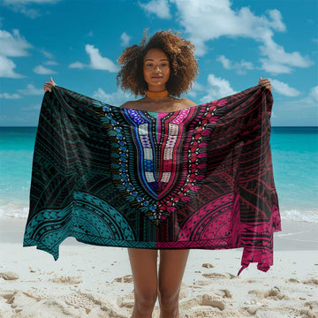 African Dashiki and Polynesian Pattern Sarong Half Teal-Pink LT9
