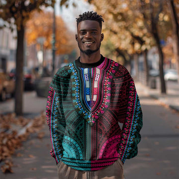 African Dashiki and Polynesian Pattern Sweatshirt Half Teal-Pink LT9