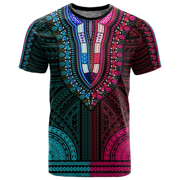 African Dashiki and Polynesian Pattern T shirt Half Teal-Pink LT9