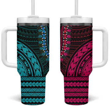 African Dashiki and Polynesian Pattern Tumbler With Handle Half Teal-Pink LT9