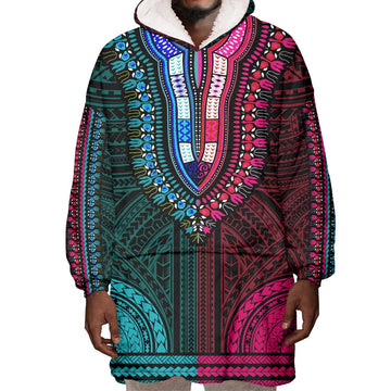 African Dashiki and Polynesian Pattern Wearable Blanket Hoodie Half Teal-Pink LT9