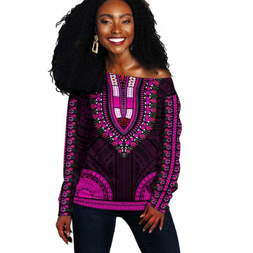 African Dashiki and Polynesian Pattern Off Shoulder Sweater Pink LT9
