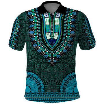 African Dashiki Polo Shirt With Tapa Pattern - Teal LT9