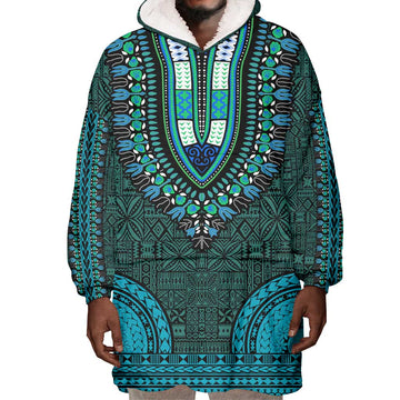 Teal Dashiki and Tapa Pattern Wearable Blanket Hoodie Africa-Polynesia Together Culture LT9