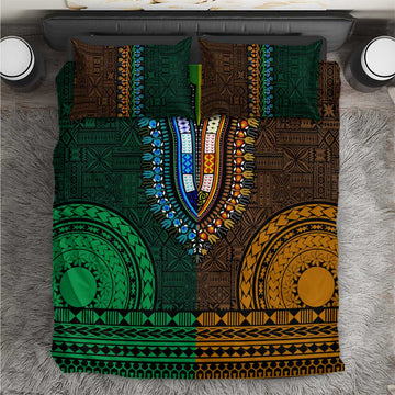 Green-gold Dashiki and Tapa Pattern Bedding Set Africa-Polynesia Together Culture LT9