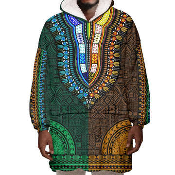 Green-gold Dashiki and Tapa Pattern Wearable Blanket Hoodie Africa-Polynesia Together Culture LT9