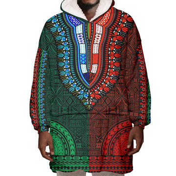Green-red Dashiki and Tapa Pattern Wearable Blanket Hoodie Africa-Polynesia Together Culture LT9