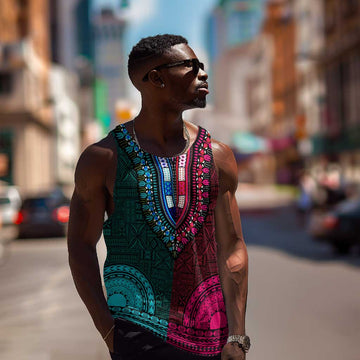 Teal-pink Dashiki and Tapa Pattern Men Tank Top Africa-Polynesia Together Culture LT9