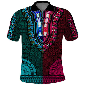 African Dashiki Polo Shirt With Tapa Pattern - Half Teal and Pink LT9