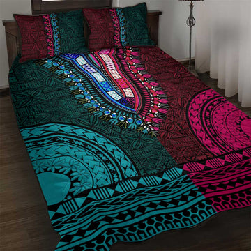 Teal-pink Dashiki and Tapa Pattern Quilt Bed Set Africa-Polynesia Together Culture LT9
