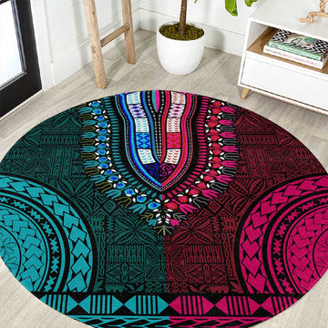 Teal-pink Dashiki and Tapa Pattern Round Carpet Africa-Polynesia Together Culture LT9