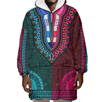 Teal-pink Dashiki and Tapa Pattern Wearable Blanket Hoodie Africa-Polynesia Together Culture LT9