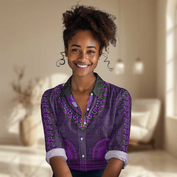 Purple Dashiki and Tapa Pattern Women Casual Shirt Africa-Polynesia Together Culture LT9