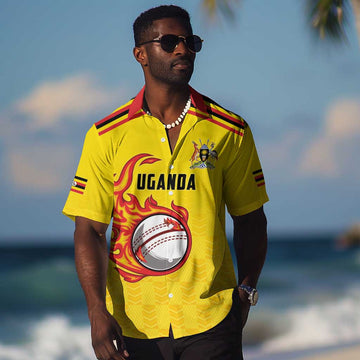 Custom Africa Cricket Uganda Hawaiian Shirt Cranes Cricket Ball Fire LT9