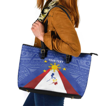 Personalized Pilipinas Eight-Rayed Sun Leather Tote Bag Philippines Map With Polynesian Style LT9