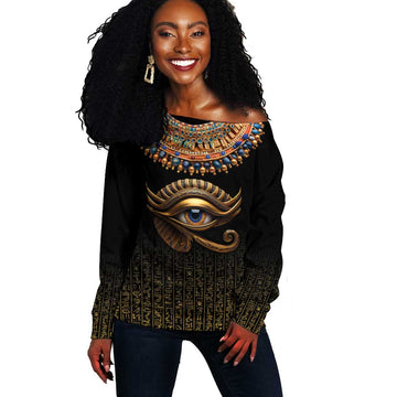 Egypt Eyes Of Horus Off Shoulder Sweater with Egyptian Hieroglyphs LT9