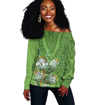 Afro King Proteas Dashiki Motif Off Shoulder Sweater Green Style LT9
