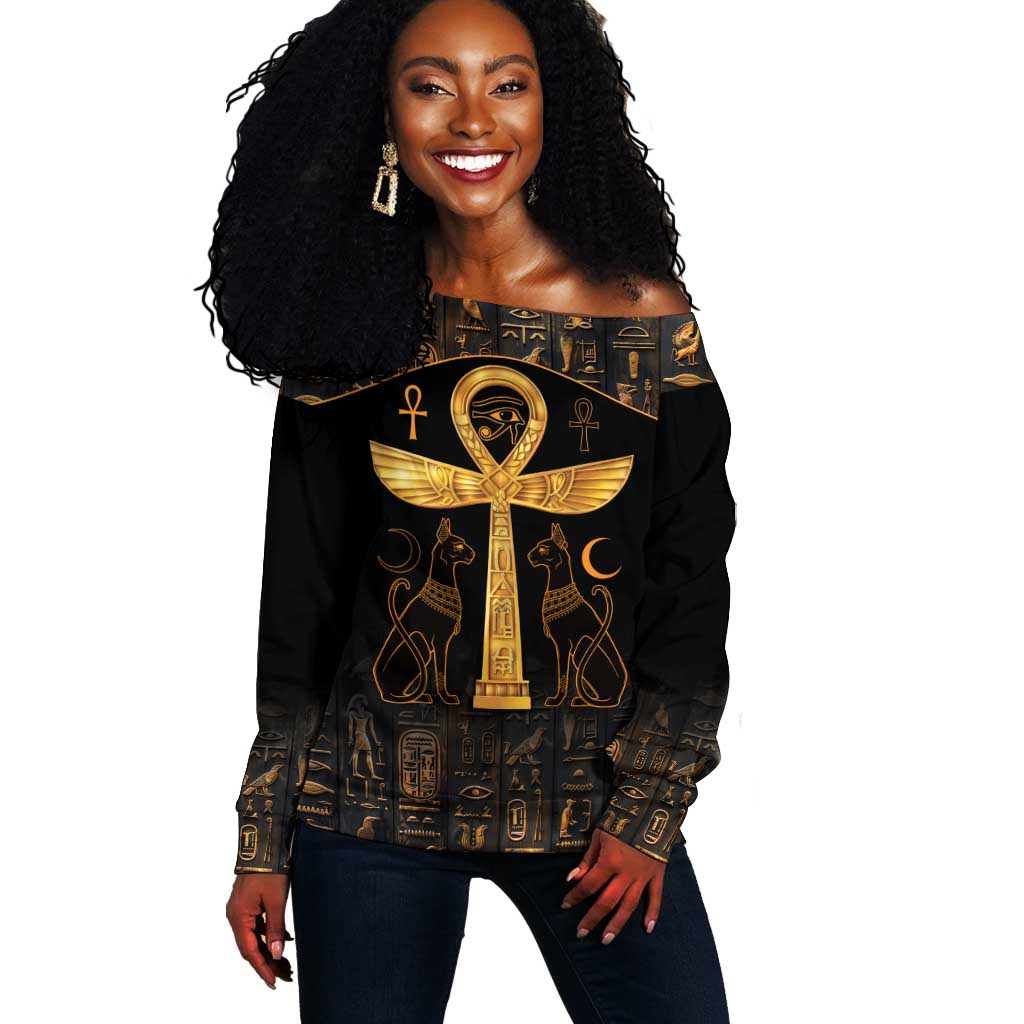 Ankh with Eye of Horus Off Shoulder Sweater Ancient Egypt Culture LT9